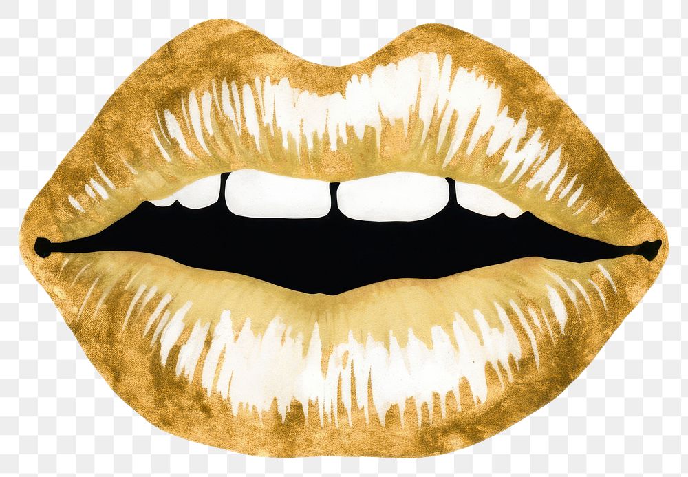 PNG  Lips shape ripped paper lipstick gold white background.