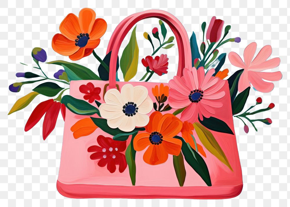 PNG  Vintage bag with flowers painting handbag plant.