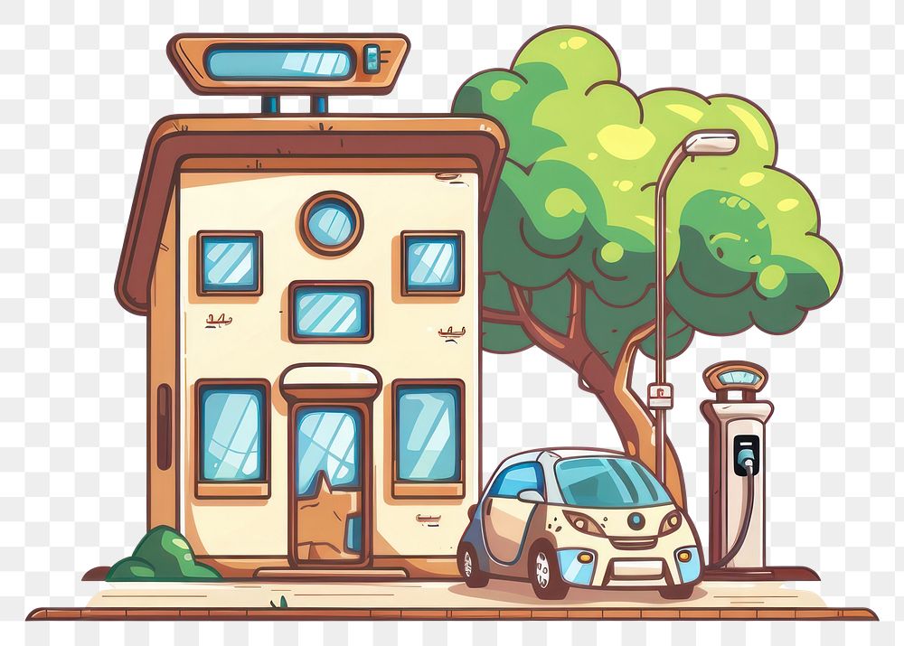 PNG Cartoon of ev charger station architecture building drawing.