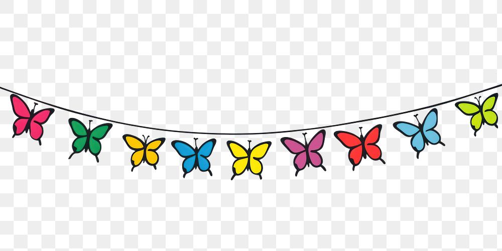 PNG Colorful butterfly flag string decoration line art.