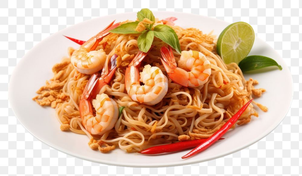 PNG Thai Fried Noodle with Prawns noodle spaghetti plate