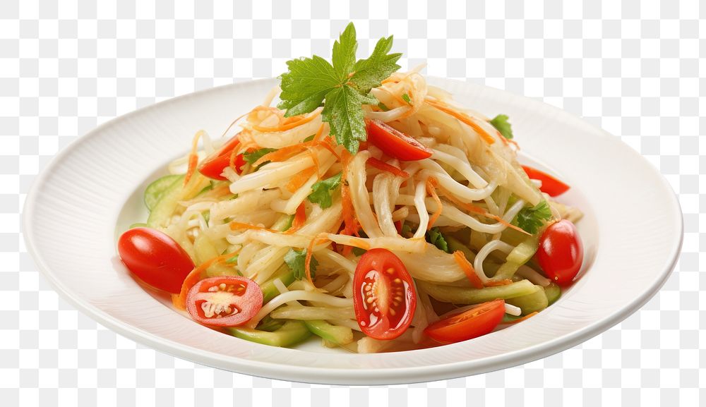 PNG Spicy Green Papaya Salad spaghetti noodle plate.