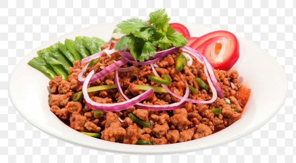 PNG Spicy Minced Pork Salad produce plate food.