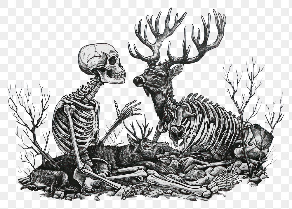 PNG Skeleton with deer skeleton drawing animal mammal