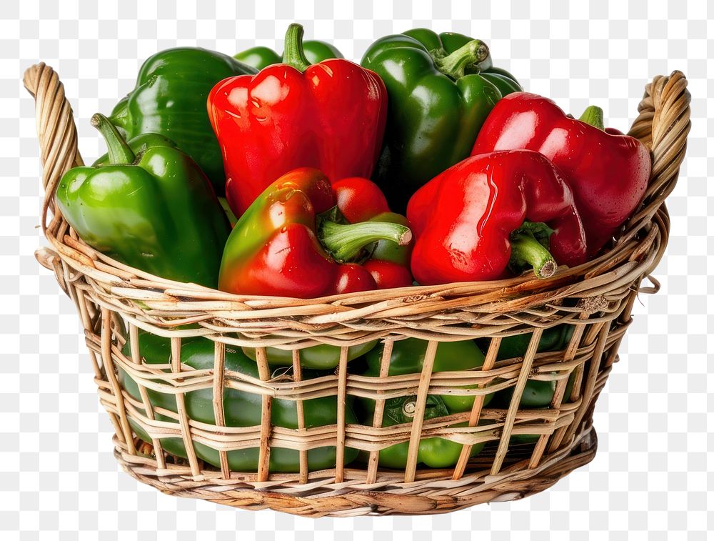PNG Red and green peppers in a basket vegetable plant food.