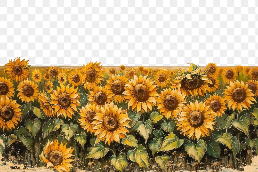 PNG Close up on pale sunflower field painting backgrounds plant.