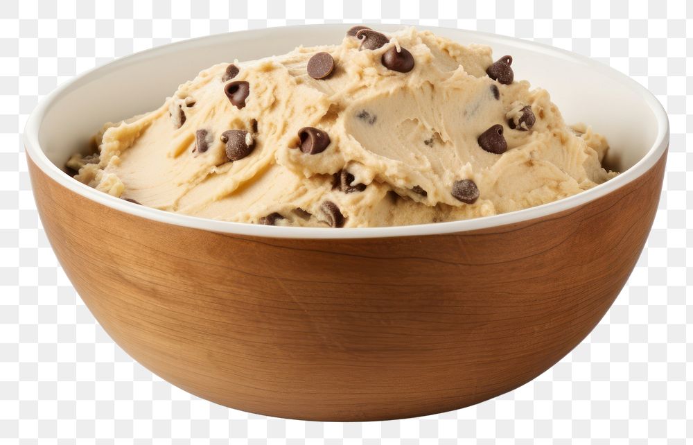 PNG Chocolate chip cookie dough in a mixing bowl dessert food white background.