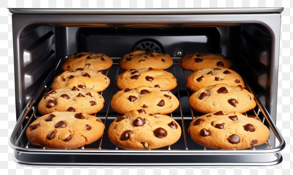PNG Chocolate chip cookies in the oven appliance food white background.
