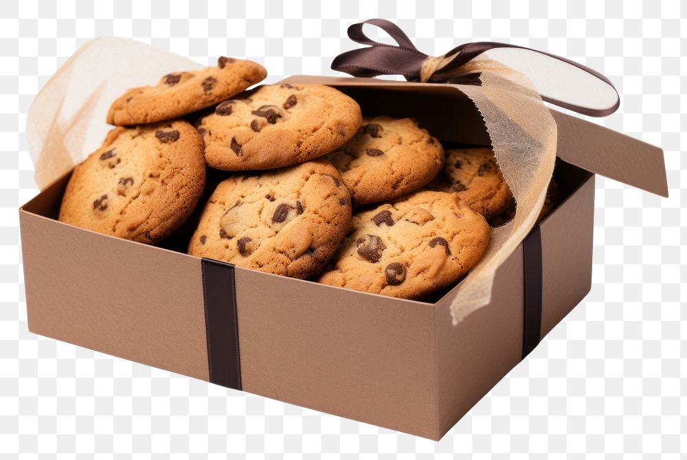 PNG Chocolate chip cookies in a fancy box biscuit food white background.