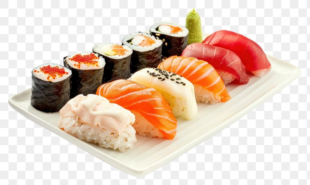 PNG Set of sushi on a plate rice food meal.