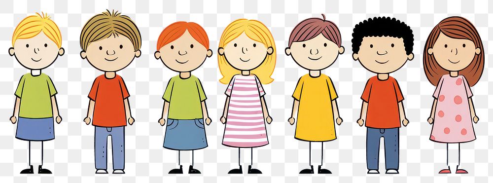 PNG Six children cartoon white background togetherness.