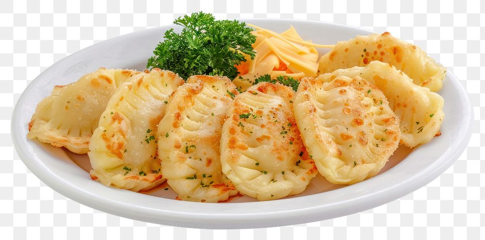 PNG Potato and Cheese Perogies plate ravioli pasta food.