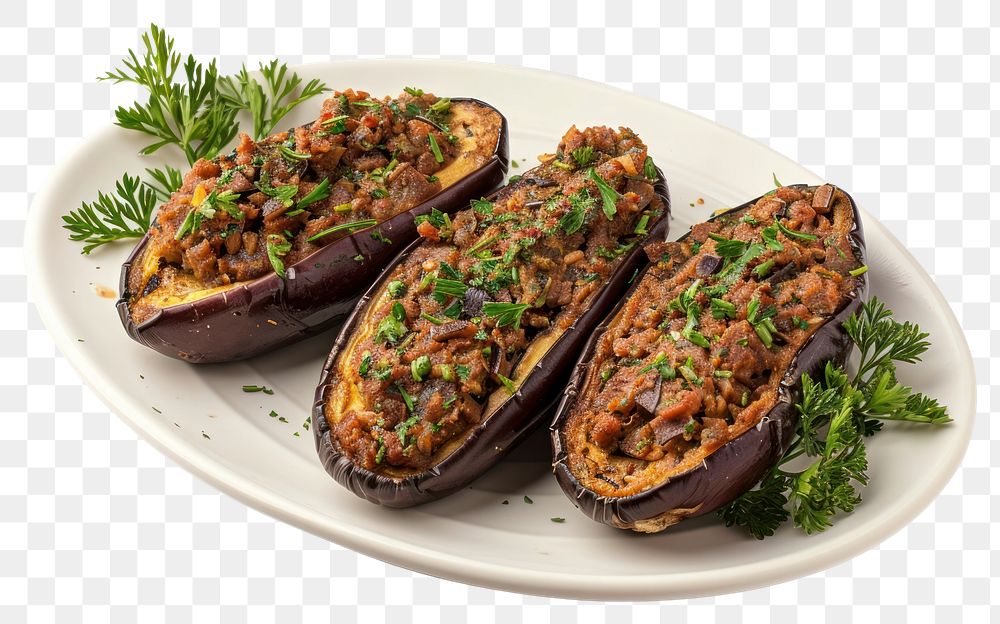 PNG Stuffed eggplant plate vegetable produce food.