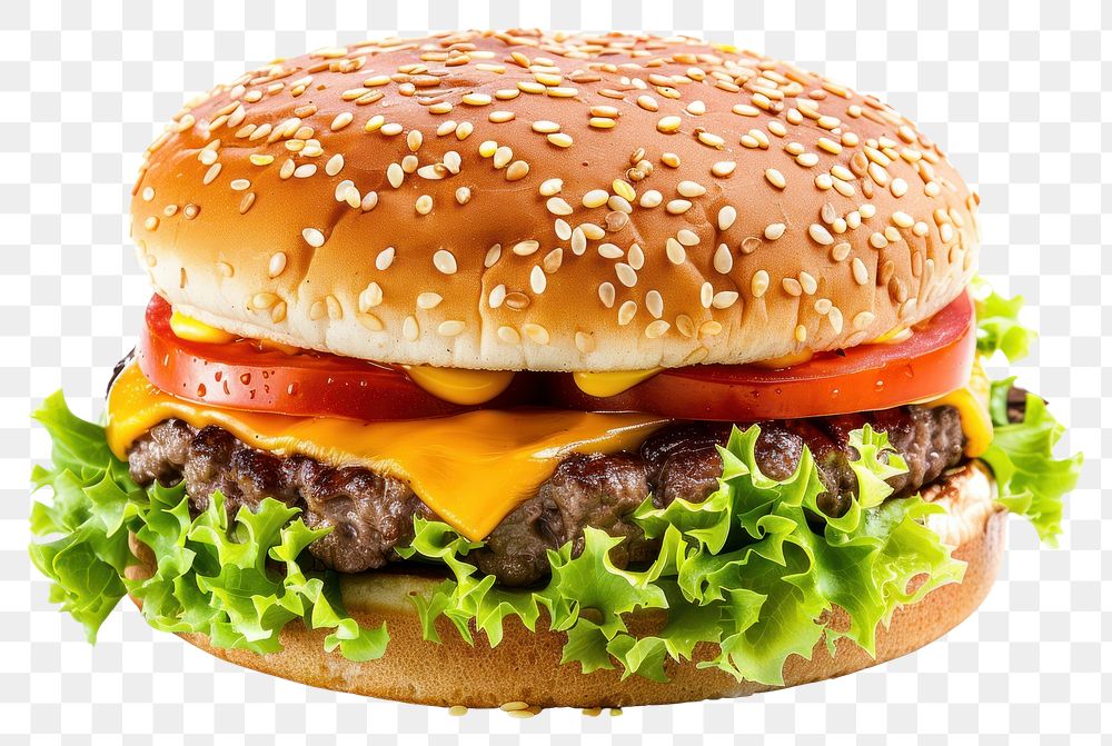 PNG Big tasty cheeseburger beef food white background hamburger.