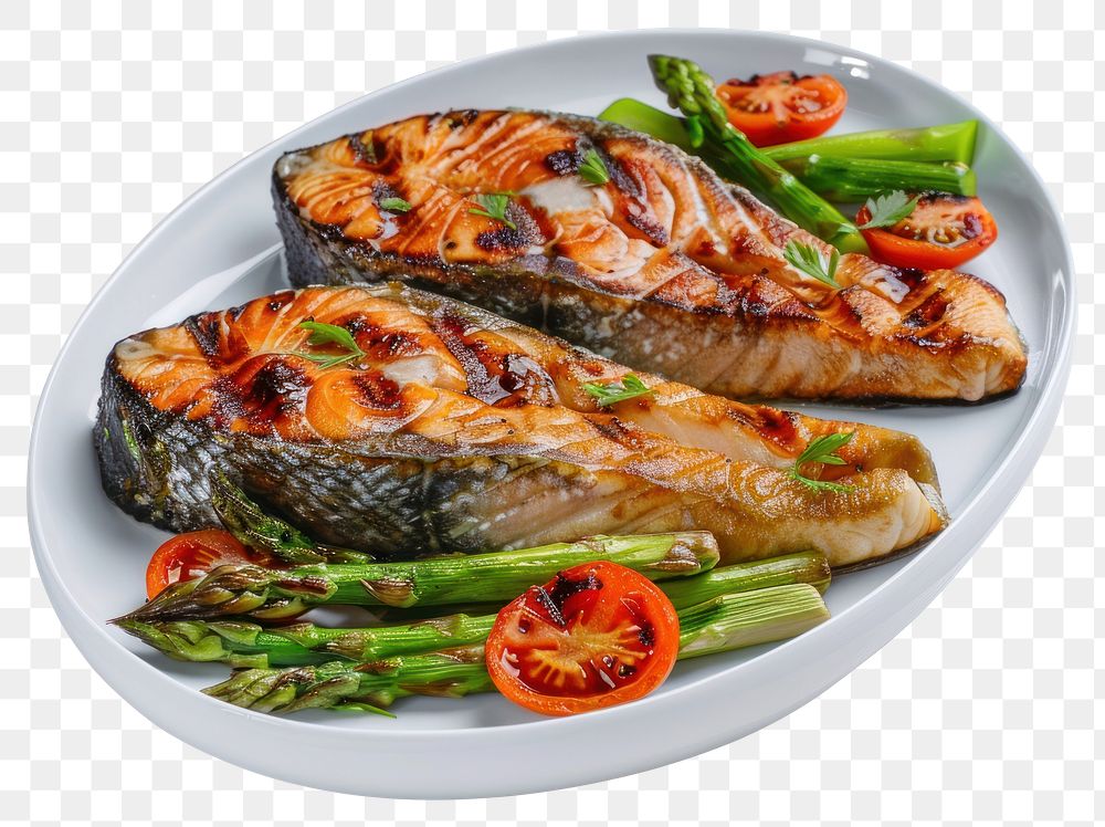 PNG Grilled salmon plate seafood meat.