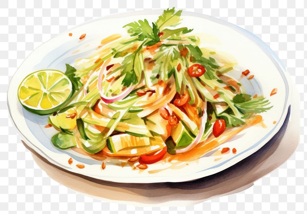 PNG Spicy green papaya salad platter produce noodle.