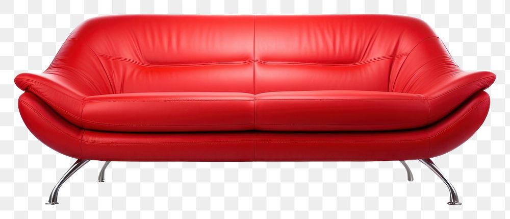 PNG Big red couch with silver legs sitting furniture cushion white background.