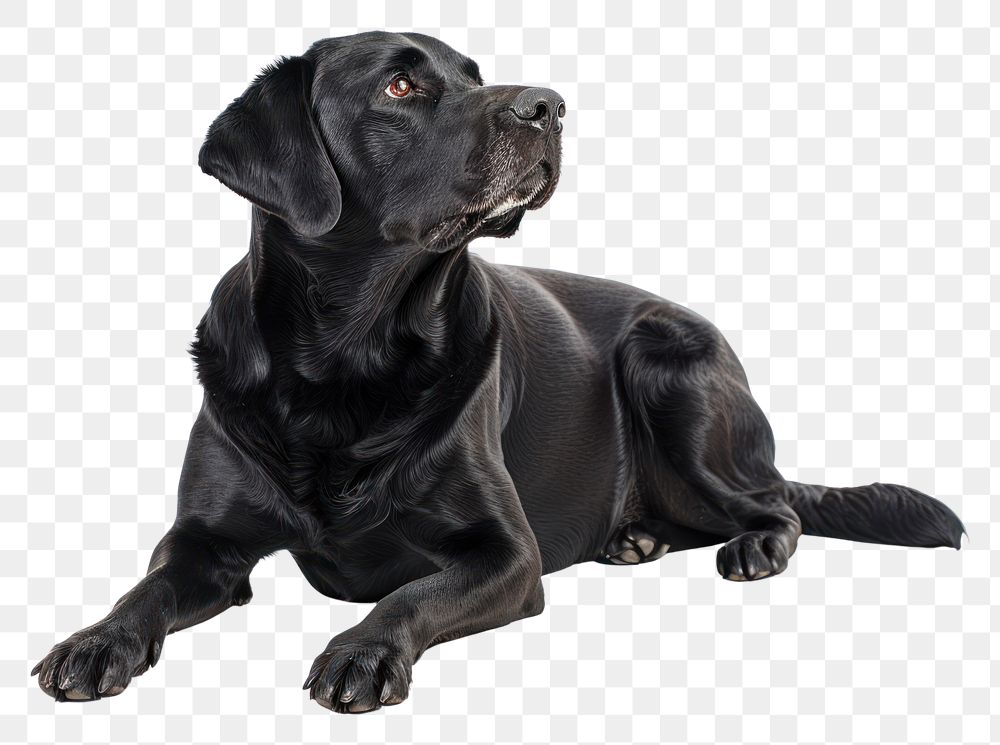 PNG Black Labrador sits and listens with his head tilted straight animal mammal pet.