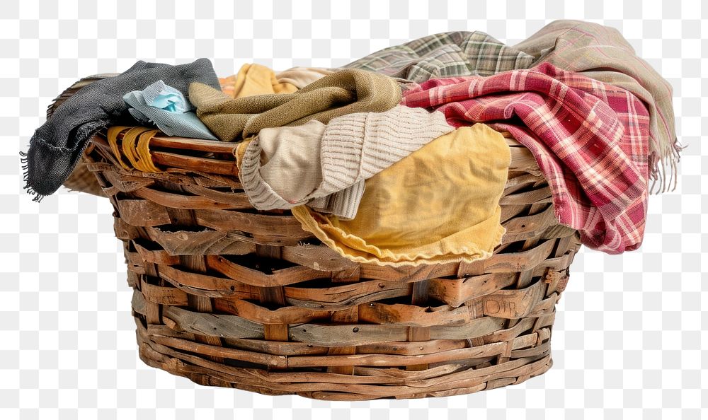 PNG Clothes in wooden basket laundry blanket linen.