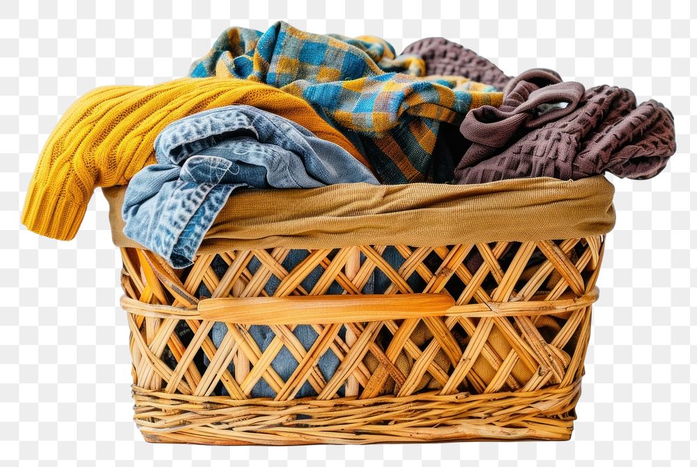 PNG Clothes in wooden basket laundry diaper.