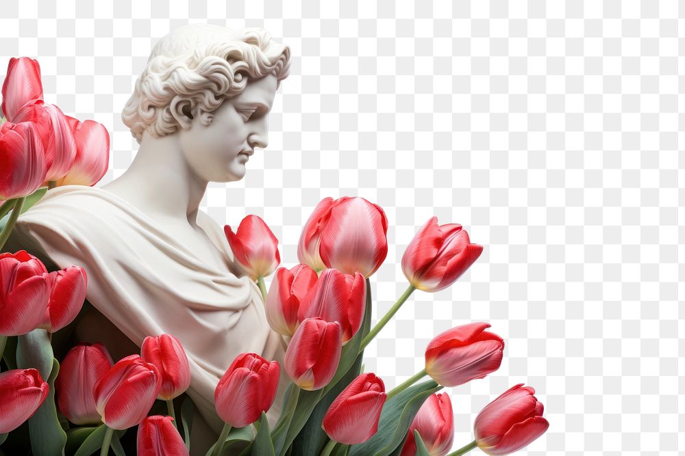 PNG  Greek sculpture with tulips border foreground blossom female person.