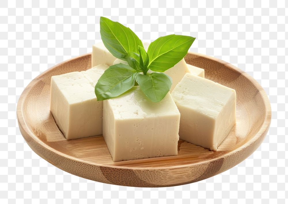 Tofu on wood plate plant food leaf.