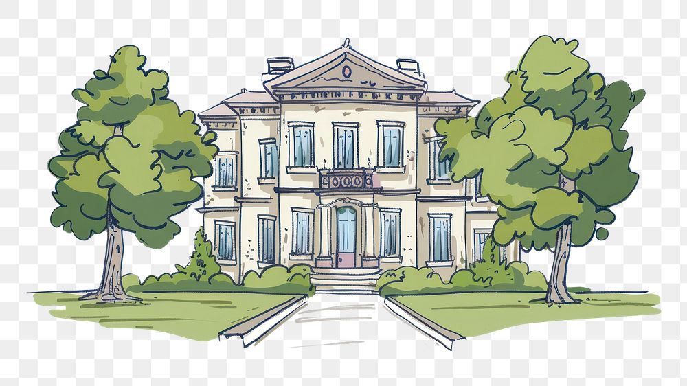 PNG Hand drawn illustration of mansion architecture illustrated building.