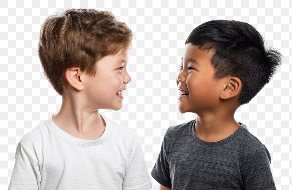 PNG Asian boy and white boy smiling to each other child white background togetherness.