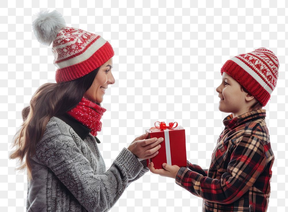 PNG Mother give xmas gift to son adult white background togetherness.
