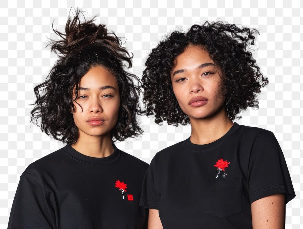 PNG Two women posing for a t-shirt merch drop photoshoot portrait adult individuality.