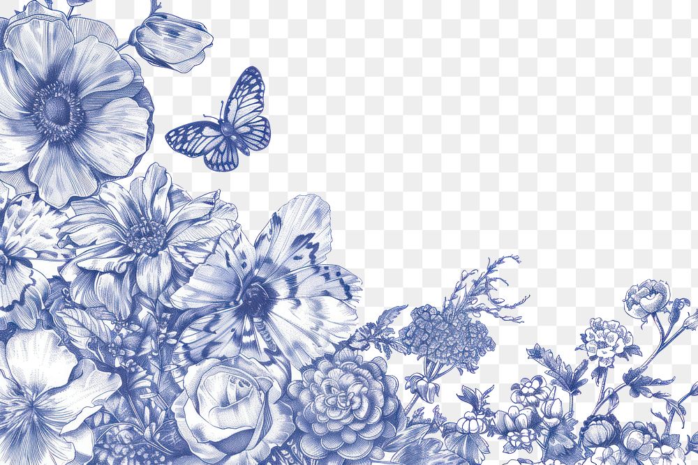 PNG Vintage drawing flowers and butterfly sketch pattern paper