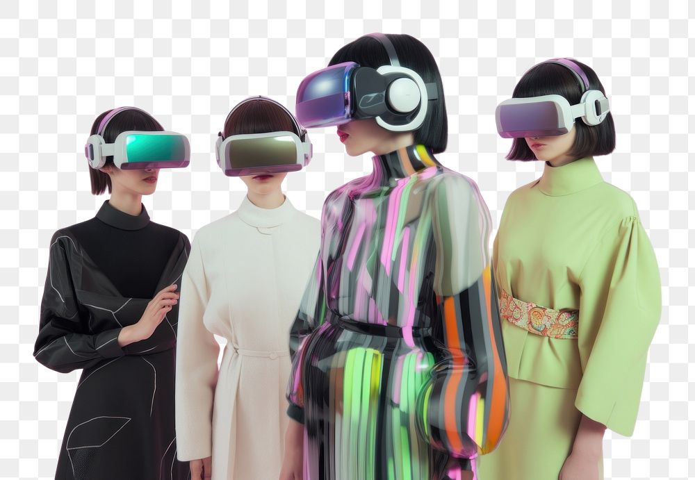 PNG  Group shot of diversity cybernatic wearing futuristic virtual reality glasses female person adult.