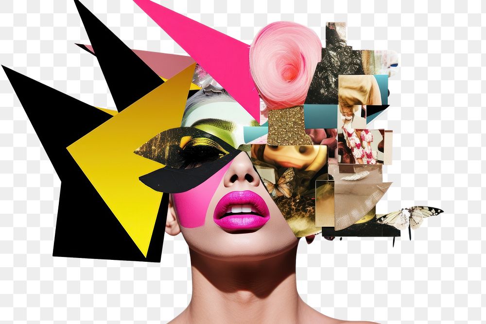 PNG  Symbolic mixed collage graphic element representing of drag queen Performances advertisement cosmetics clothing.
