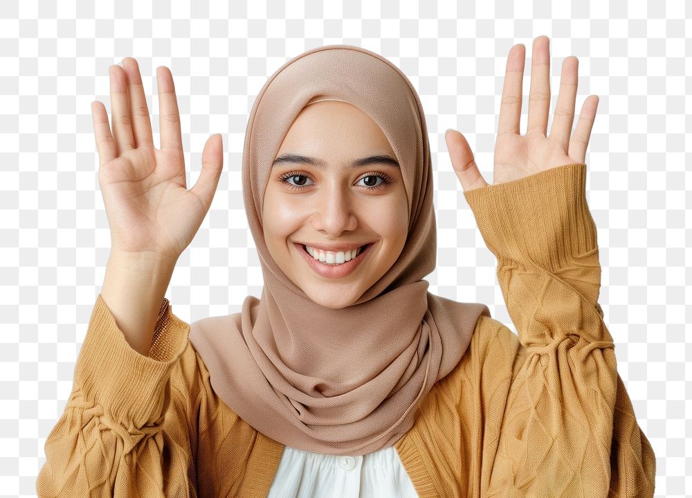 Young muslim woman waving hand smile clothing apparel