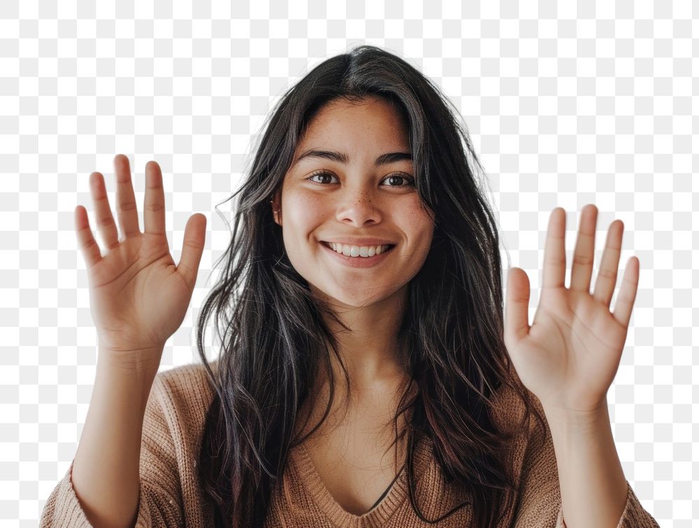 Young native woman waving hand smile dimples person.