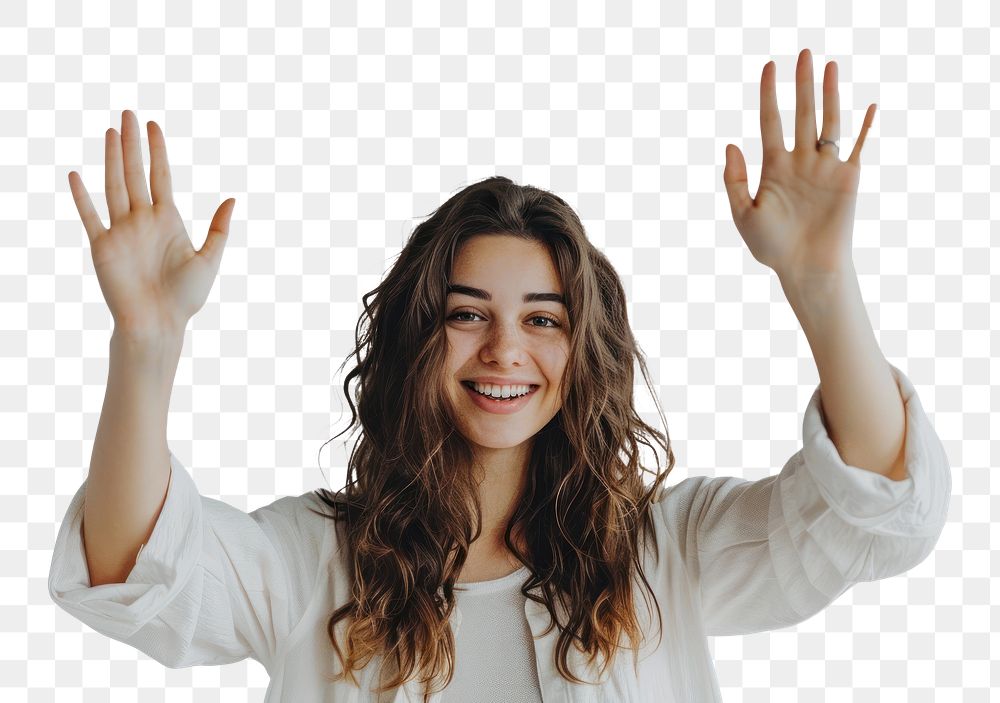 Young woman waving hand smile triumphant person.