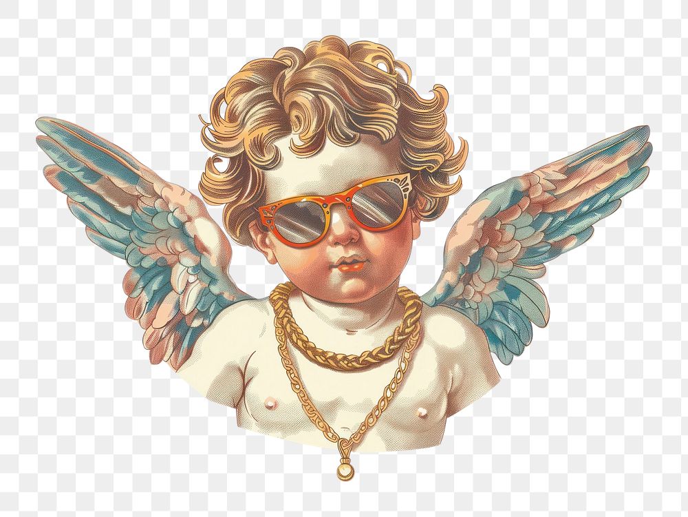 PNG Characters Vector illustration of vintage cherub angel in sunglasses and gold necklace accessories accessory archangel