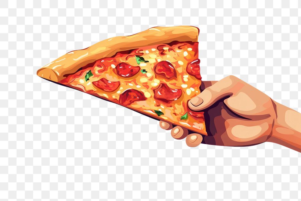 PNG Flat vector illustrations Hand holding taking triangle pizza slices food ketchup food presentation.