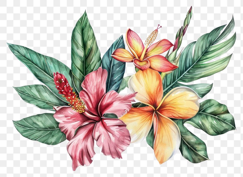 PNG Tropical flowers hibiscus blossom pattern.