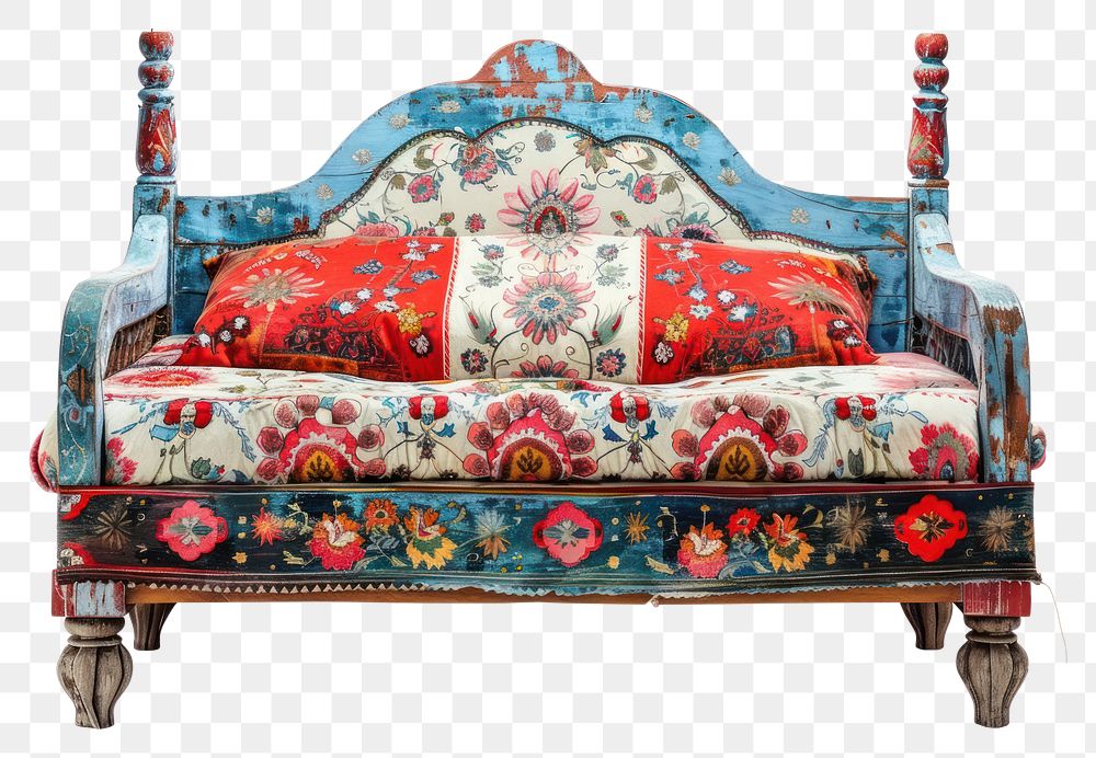 PNG Ottoman painting of bed furniture cushion white background.