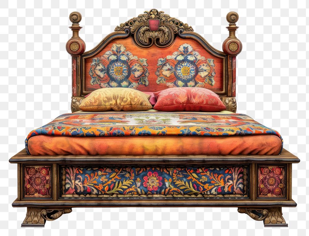 PNG Ottoman painting of bed furniture bedroom white background.