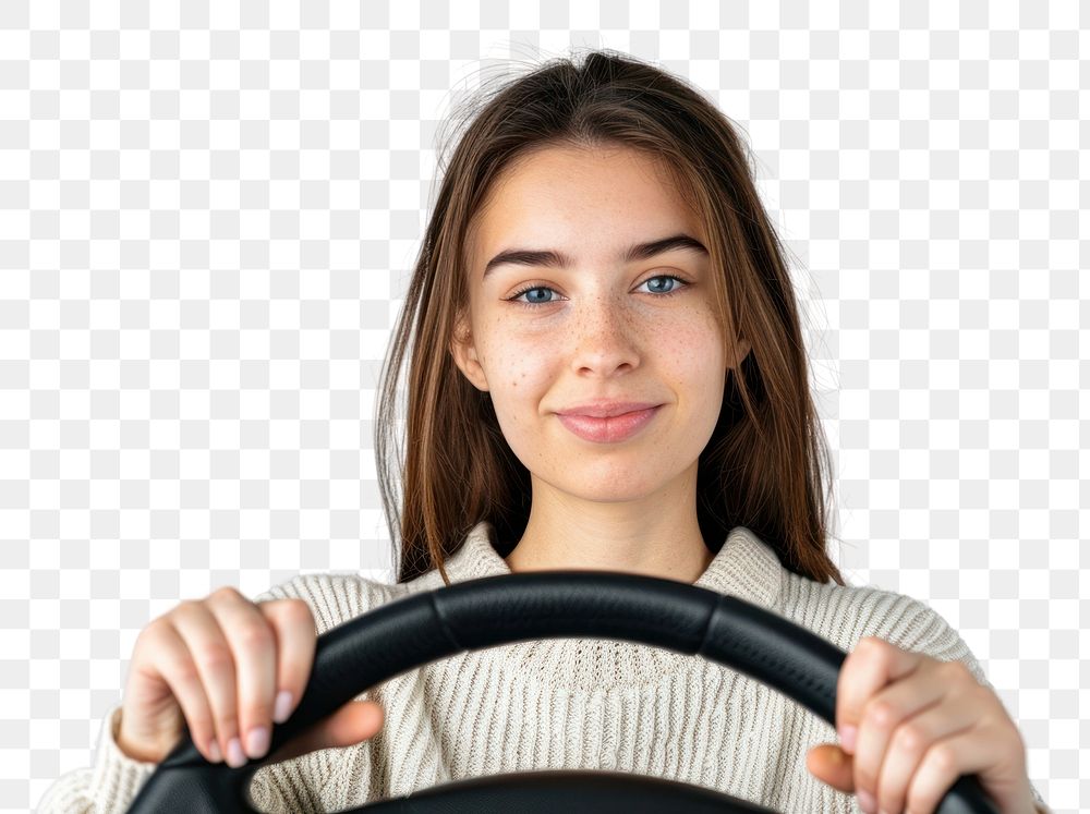 Woman holding a car steering wheel portrait vehicle driving.