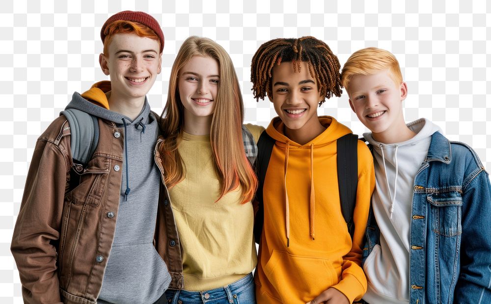 PNG Happy diversity of teenage student sweatshirt groupshot clothing.