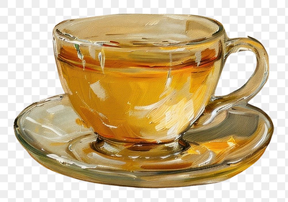 PNG Oil painting of a close up on pale tea saucer drink cup.