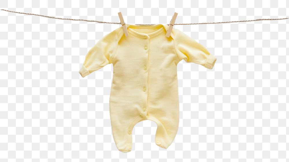 PNG A pastel yellow newborn babysuit hang on rope with clothespin white background coathanger outerwear.