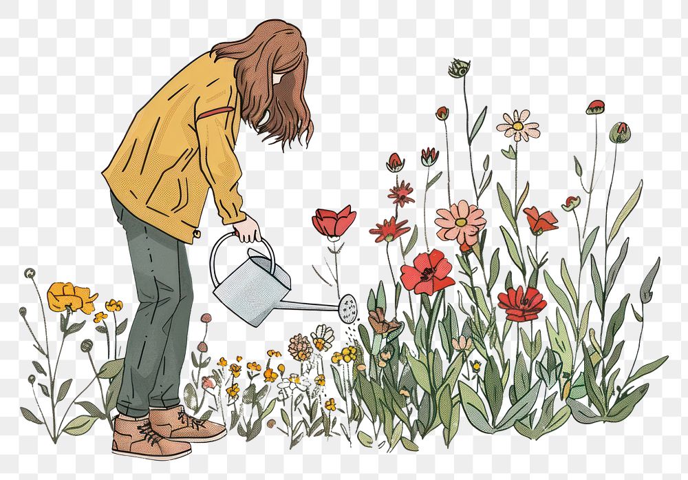 PNG Drawing watering flowers gardening outdoors nature.