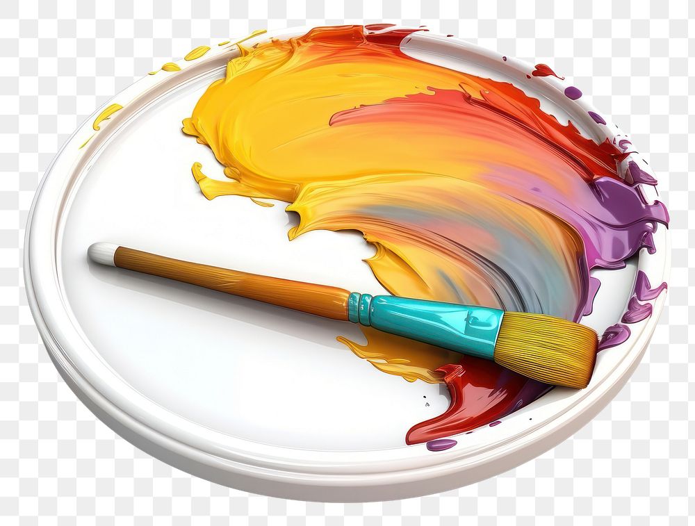 PNG Colour painting plate with a brush isolated palette white background paintbrush.