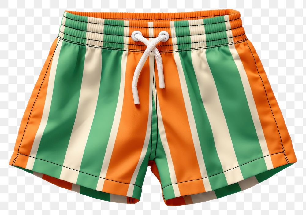 A stripes colorful swimming trunks shorts green white background.