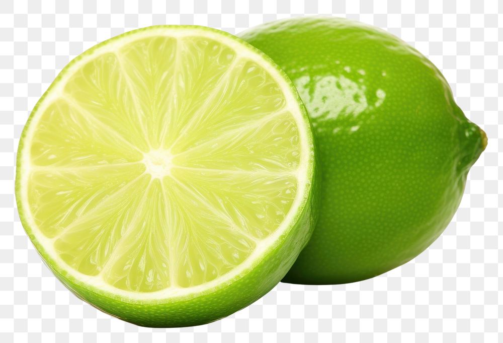 Green lime with cut in half fruit lemon slice.