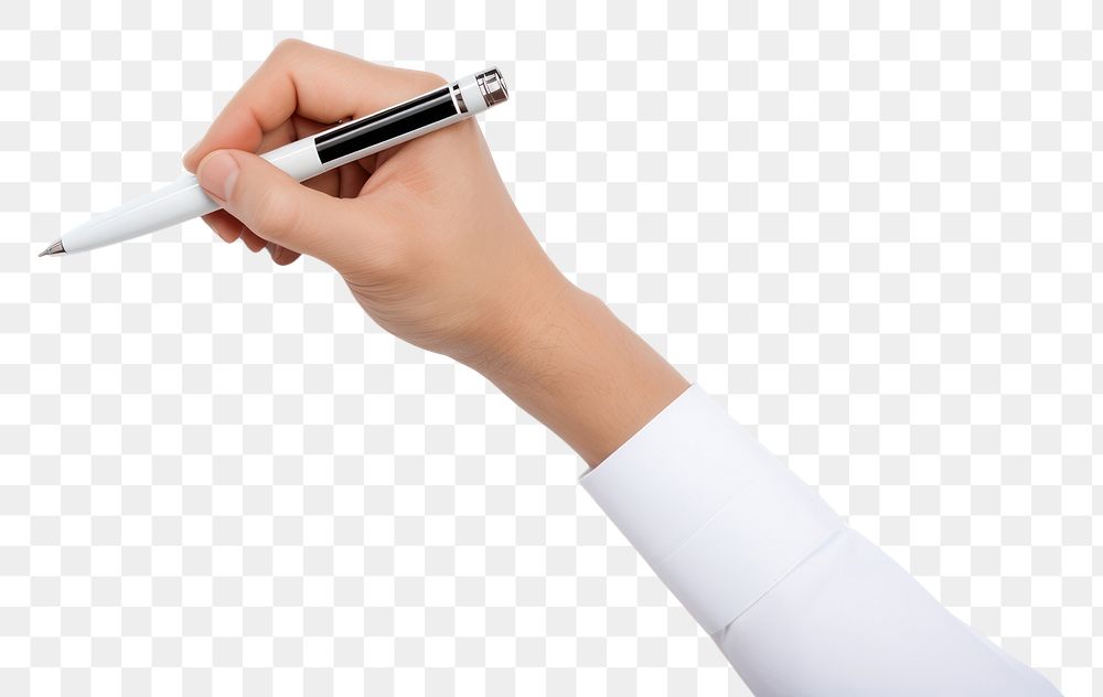 Hand holding a pen writing white background handwriting technology.